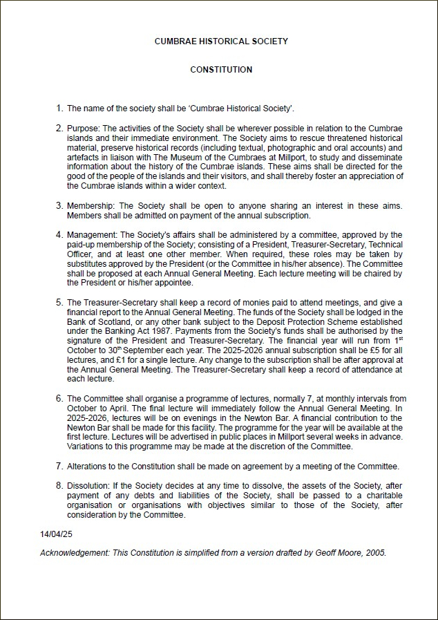 Cumbrae Historical Society - Constitution